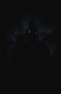 A dark and mysterious castle set against a pitch-black backdrop, shrouded in ominous shadows