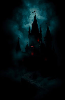 A dark and mysterious castle set against a pitch-black backdrop, shrouded in ominous shadows