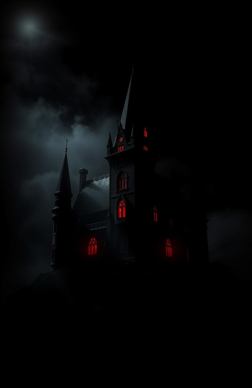 A dark and mysterious castle set against a pitch-black backdrop, shrouded in ominous shadows