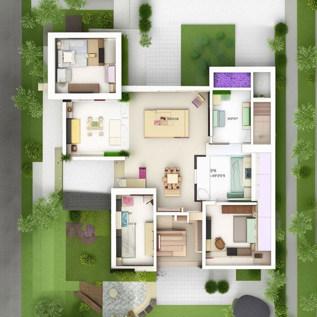 Create an east-facing house floor plan with two bedrooms, a guest room, a staircase, and perfect vastu alignment.