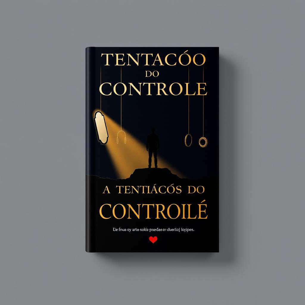 A minimalist and striking book cover for 'A Tentação do Controle', featuring dark tones like black or navy blue contrasted with golden or red accents, symbolizing power and temptation
