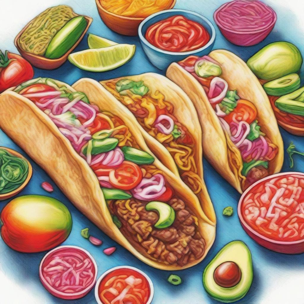 A high-quality coloured pencil drawing featuring multiple tantalizing tacos