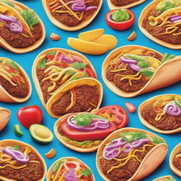 A high-quality coloured pencil drawing featuring multiple tantalizing tacos