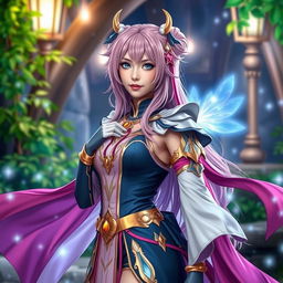 A stunning female cosplayer dressed as Mebius from the anime 'Fairy Tail'