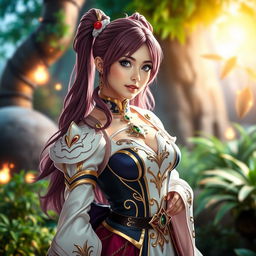 A stunning female cosplayer dressed as Mebius from the anime 'Fairy Tail'