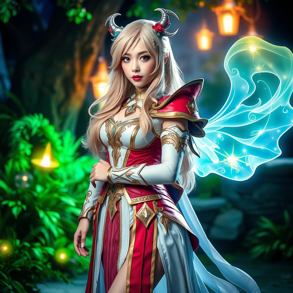 A stunning female cosplayer dressed as Mebius from the anime 'Fairy Tail'