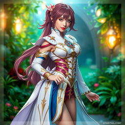 A stunning female cosplayer dressed as Mebius from the anime 'Fairy Tail'