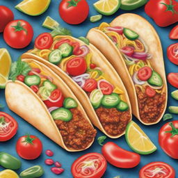 A high-quality coloured pencil drawing featuring multiple tantalizing tacos