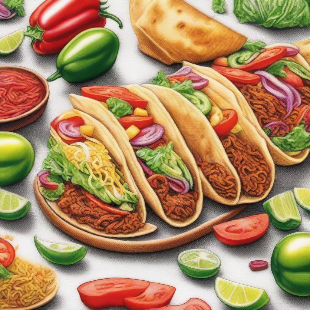 A high-quality coloured pencil drawing featuring multiple tantalizing tacos