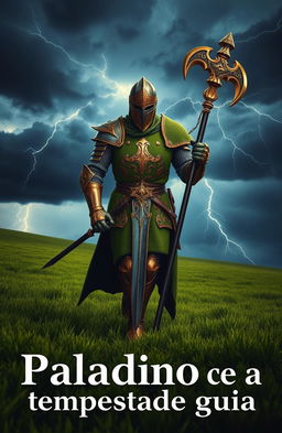 A knight clad in moss green armor with intricate gold details, designed in a sword shape, confidently walking across a lush green field