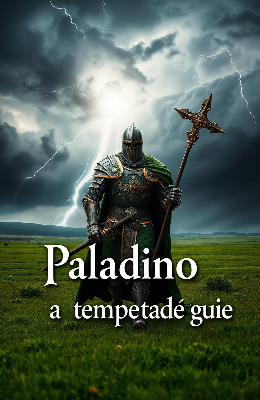 A knight clad in moss green armor with intricate gold details, designed in a sword shape, confidently walking across a lush green field