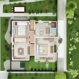 Create an east-facing house floor plan with two bedrooms, a guest room, a staircase, and perfect vastu alignment.