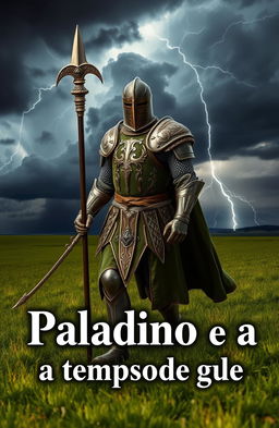 A knight clad in moss green armor with intricate gold details, designed in a sword shape, confidently walking across a lush green field
