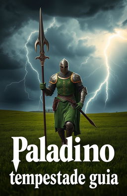 A knight clad in moss green armor with intricate gold details, designed in a sword shape, confidently walking across a lush green field