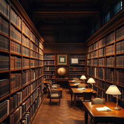 An expansive library in a law firm, showcasing neatly organized rows of books on shelves filled with legal references