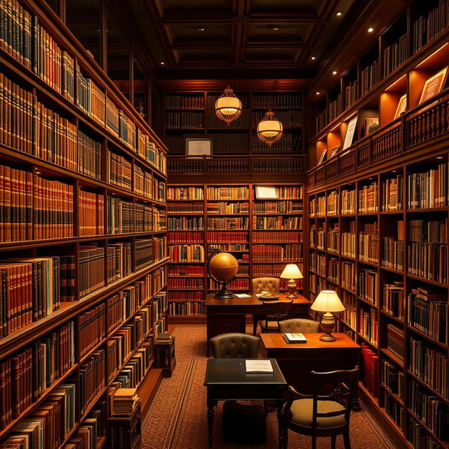 An expansive library in a law firm, showcasing neatly organized rows of books on shelves filled with legal references