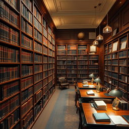 An expansive library in a law firm, showcasing neatly organized rows of books on shelves filled with legal references