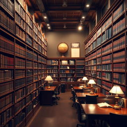 An expansive library in a law firm, showcasing neatly organized rows of books on shelves filled with legal references