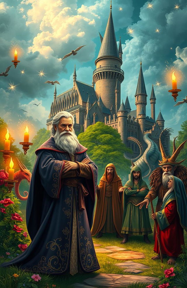 A whimsical fantasy political scene set in a magical realm, combining elements from the Wizard of Oz, Harry Potter, and Game of Thrones