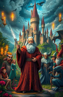 A whimsical fantasy political scene set in a magical realm, combining elements from the Wizard of Oz, Harry Potter, and Game of Thrones