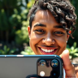 A close-up selfie shot taken with a black iPhone 13 Pro Max, showcasing a joyful individual with a bright smile