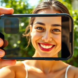 A close-up selfie shot taken with a black iPhone 13 Pro Max, showcasing a joyful individual with a bright smile