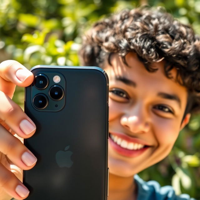 A close-up selfie shot taken with a black iPhone 13 Pro Max, showcasing a joyful individual with a bright smile