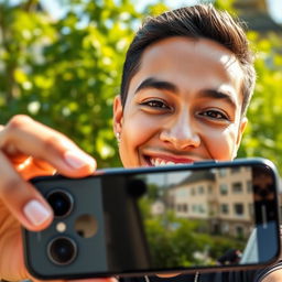 A close-up selfie shot taken with a black iPhone 13 Pro Max, showcasing a joyful individual with a bright smile