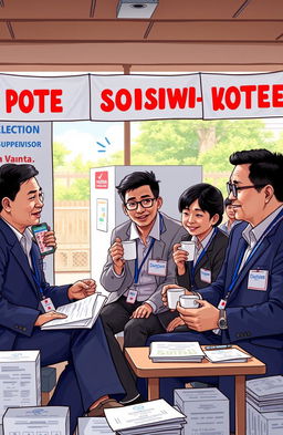 A humorously serious depiction of election supervisors for the 2024 elections in Indonesia, showcasing them in a relaxed yet focused atmosphere