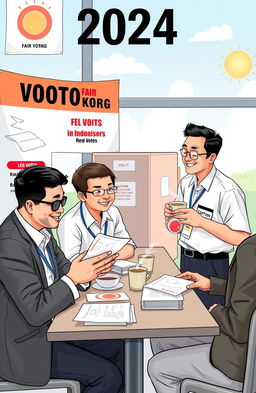A humorously serious depiction of election supervisors for the 2024 elections in Indonesia, showcasing them in a relaxed yet focused atmosphere