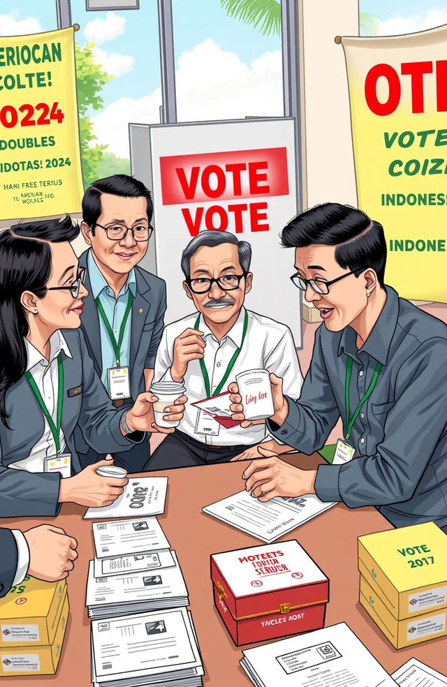 A humorously serious depiction of election supervisors for the 2024 elections in Indonesia, showcasing them in a relaxed yet focused atmosphere