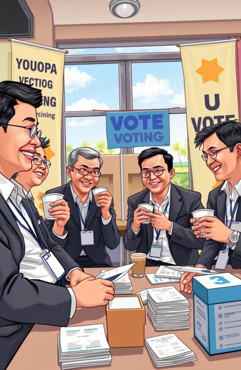 A humorously serious depiction of election supervisors for the 2024 elections in Indonesia, showcasing them in a relaxed yet focused atmosphere