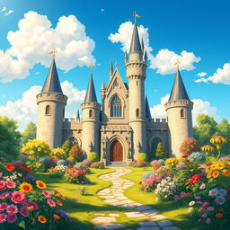A detailed, high-resolution illustration showcasing the front side of a stylized fantasy castle
