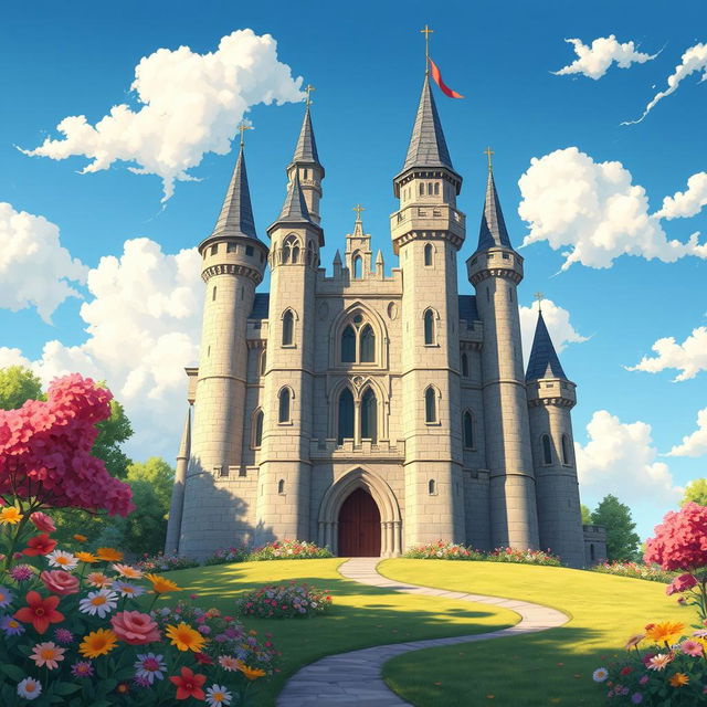 A detailed, high-resolution illustration showcasing the front side of a stylized fantasy castle