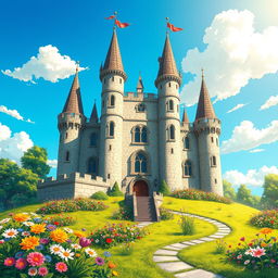 A detailed, high-resolution illustration showcasing the front side of a stylized fantasy castle