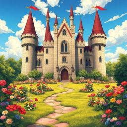 A detailed, high-resolution illustration showcasing the front side of a stylized fantasy castle