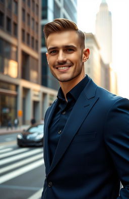 A handsome man with a well-defined jawline wearing a stylish navy blue suit, standing confidently in a modern urban setting
