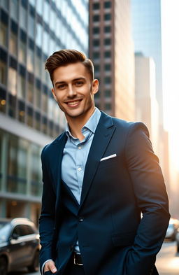 A handsome man with a well-defined jawline wearing a stylish navy blue suit, standing confidently in a modern urban setting