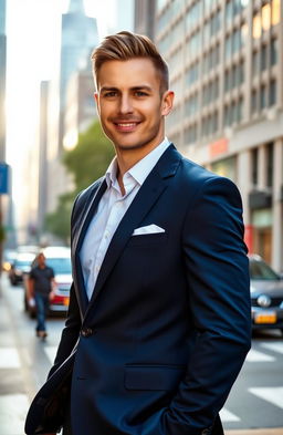 A handsome man with a well-defined jawline wearing a stylish navy blue suit, standing confidently in a modern urban setting