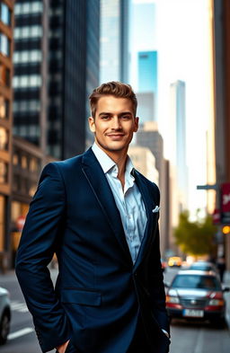 A handsome man with a well-defined jawline wearing a stylish navy blue suit, standing confidently in a modern urban setting