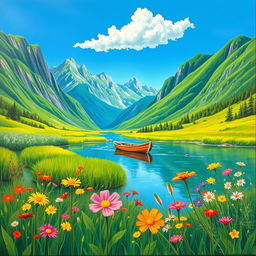 A serene landscape painting featuring a tranquil river flowing through a lush green valley, flanked by tall, majestic mountains under a clear blue sky