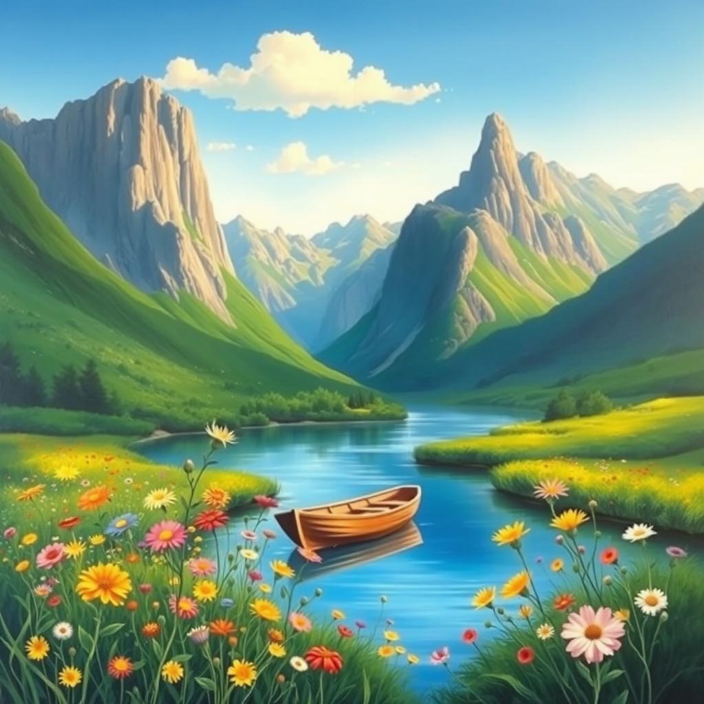 A serene landscape painting featuring a tranquil river flowing through a lush green valley, flanked by tall, majestic mountains under a clear blue sky