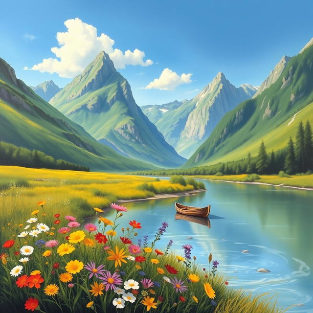 A serene landscape painting featuring a tranquil river flowing through a lush green valley, flanked by tall, majestic mountains under a clear blue sky