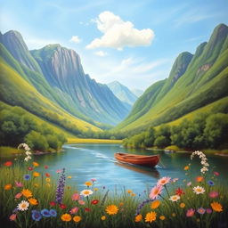 A serene landscape painting featuring a tranquil river flowing through a lush green valley, flanked by tall, majestic mountains under a clear blue sky