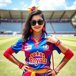 A fashionable young woman dressed in vibrant colors representing the Sudur Paschim Royals cricket team, featuring the team's logo prominently on the outfit