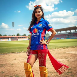 A fashionable young woman dressed in vibrant colors representing the Sudur Paschim Royals cricket team, featuring the team's logo prominently on the outfit