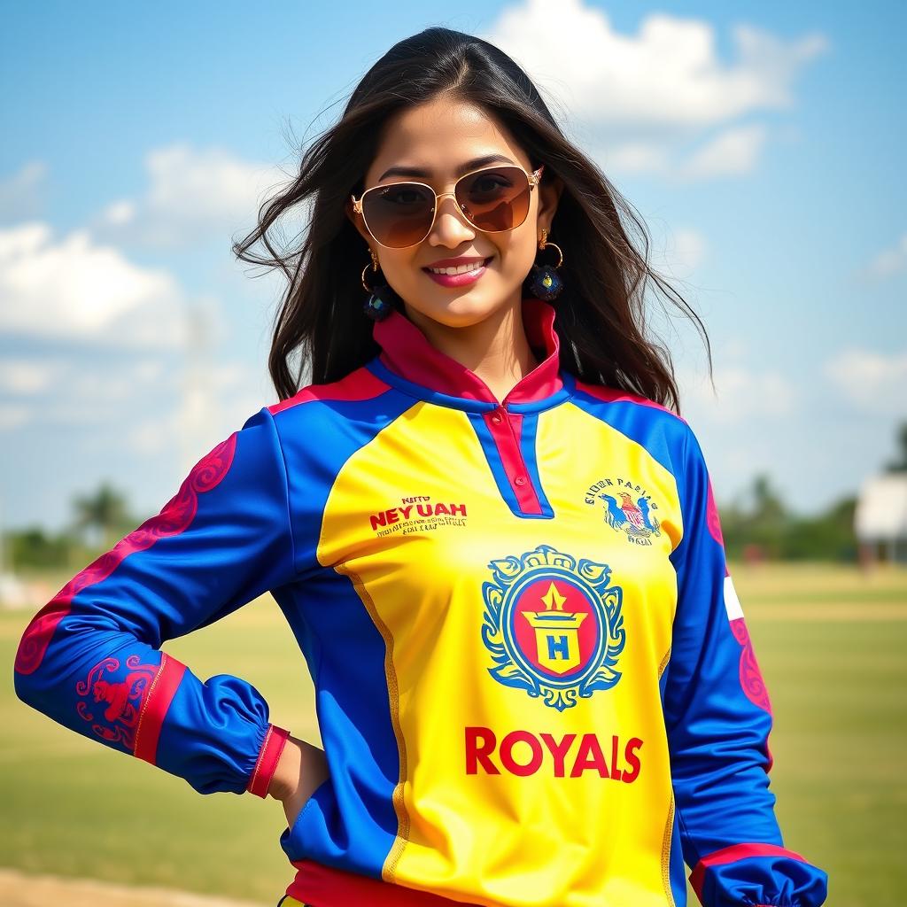 A fashionable young woman dressed in vibrant colors representing the Sudur Paschim Royals cricket team, featuring the team's logo prominently on the outfit
