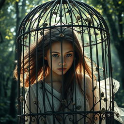 A dramatic scene featuring a young person, portrayed as a teenager with an expressive face, inside a large, ornate cage