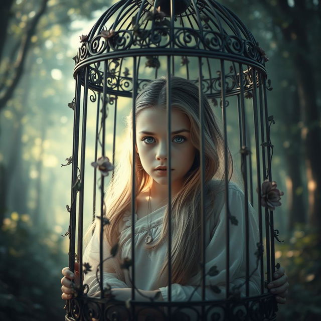 A dramatic scene featuring a young person, portrayed as a teenager with an expressive face, inside a large, ornate cage