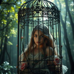 A dramatic scene featuring a young person, portrayed as a teenager with an expressive face, inside a large, ornate cage